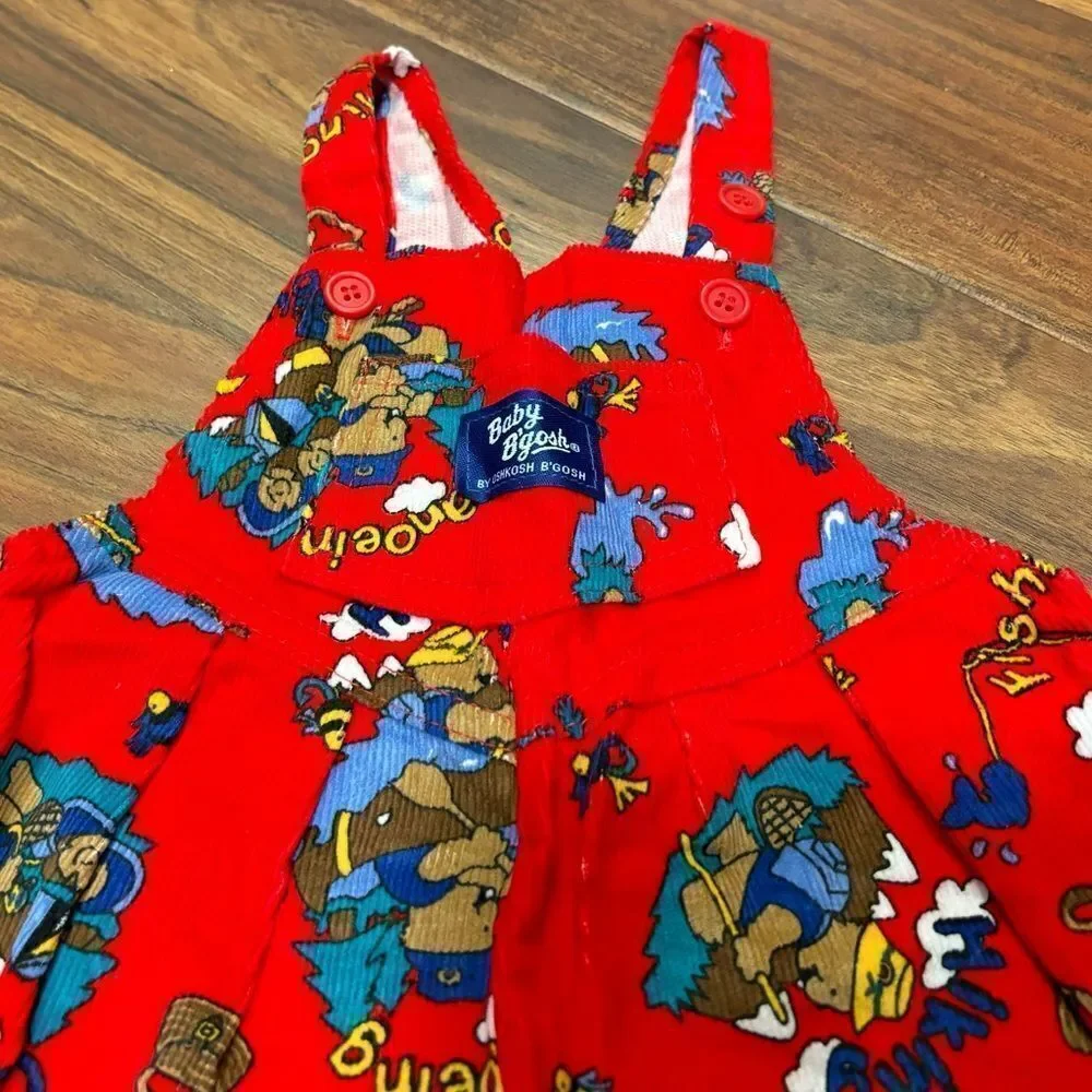 Osh Kosh B’Gosh vintage red corduroy bear camping fishing outdoors overalls